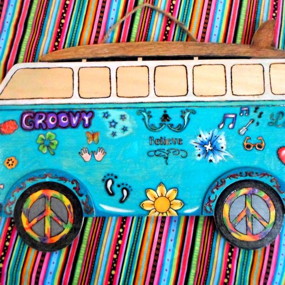 Wood Burned and Painted VW Hippie Van Wall Art Handmade One of a Kind - Picture 2 of 6